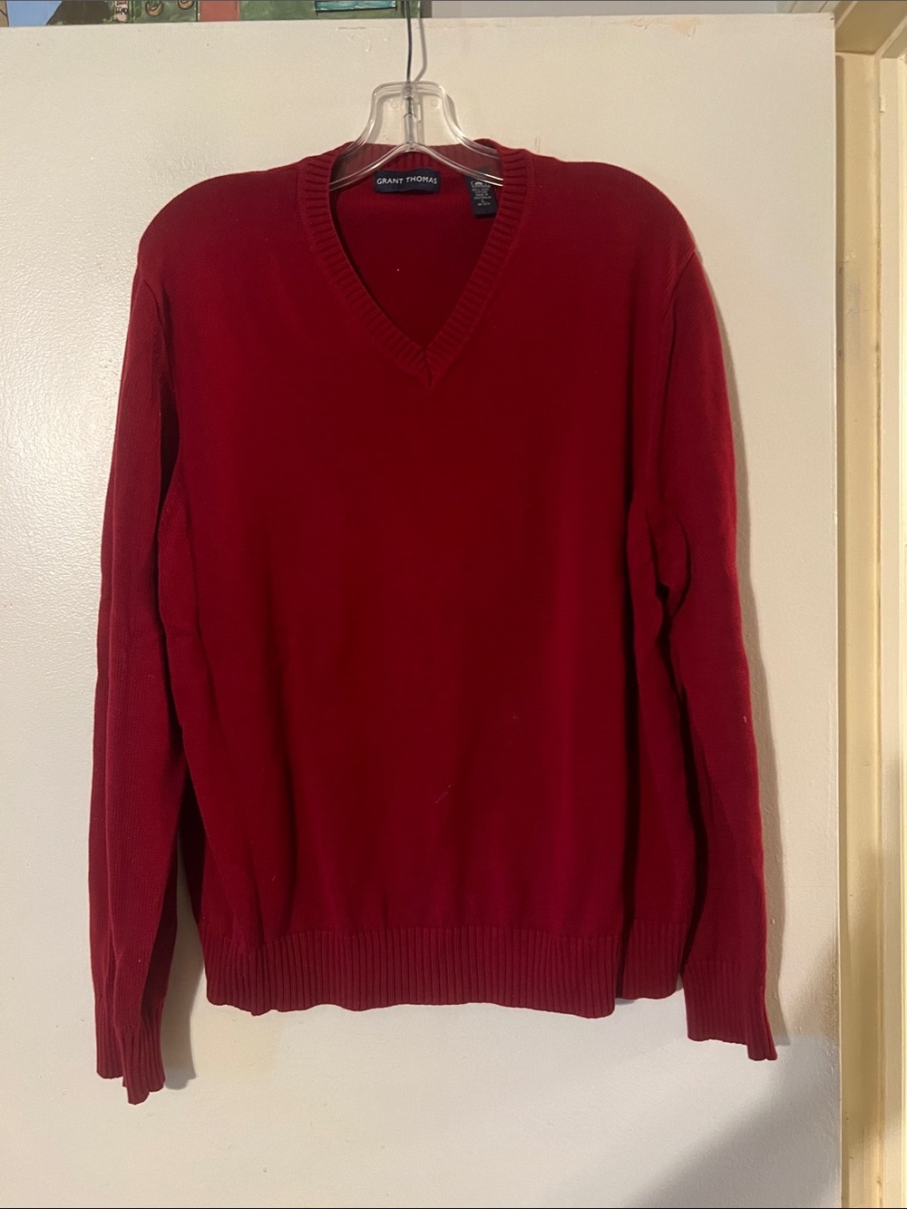 Grant Thomas cherry red men’s v neck sweater. 100% Pima cotton. Super soft